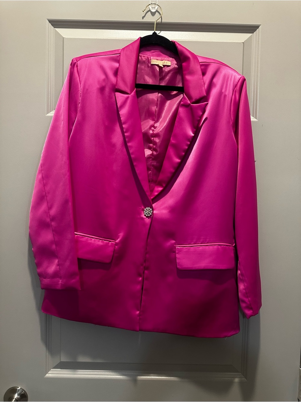 Hot Pink Satin Two-Piece Blazer and Skirt Set - Picture 2 of 9